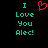 Pixelated text reads "I Love You Alec!" in cyan with a red heart symbol above the word "Love", displayed on black background.