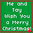 Green square with red border displays white text "Me and Toy Wish You a Merry Christmas" and small red star at bottom right corner.