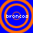 Four orange concentric circles on blue background with "broncos" text in white pixelated font, arranged in a pattern