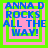 Four identical pixelated text display "ANNA D ROCKS ALL THE WAY!" in blue letters on pink and green backgrounds with varying border styles