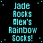 Pixelated cyan text on black background reads "Jade Rocks Alew's Rainbow Socks!" in four with scattered cyan dots