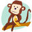 Pixelated monkey icon with brown fur, light blue circular background, holding yellow banana-like object.