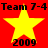 Red background with four yellow stars and repeated black text reading "Team 7-4" and "2009" in pixelated font.