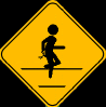 Yellow diamond-shaped warning sign with black border showing stick figure in various running and kneeling poses holding scissors, crossing horizontal lines.