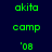 Green pixelated text 'akita', 'camp', and ''08' arranged in a on dark blue background with white rectangular overlays