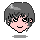 Pixelated anime-style character head with short gray hair, pink cheeks, and black eyes above a small mouse figure on a solid light gray background.