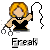 Pixelated character with blonde hair in black top holding handcuffs and whip, text 'Freak' below.