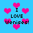 Pixelated blue background with pink hearts and repeated text "I LOVE Wenises!" in black block letters.