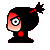 Pixelated character with black hair, red accents, and large white eyes in two side-by-side poses showing head rotation.