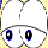 Pixelated icon of a white cartoon face with blue eyes, black pupils, and gray outlines against a yellowish background.