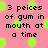 Pixelated text on a pink background with green circular spots; two distinct sections of black pixelated text read '3 peices of gum in mouth at a time' and '2 funny faces on steel force 1 question that dora would not answer'.