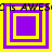 Four purple and yellow square frames with nested borders, each containing a central square of alternating colors, overlaid on repeating text reading 'C is AWESC' in black pixelated font.