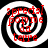Four identical spiral patterns with black and white concentric rings and red text overlaid, arranged in a