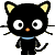 A black cat with yellow ears, white eyes, an orange nose, and a blue collar appears in multiple poses across a