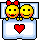 Two yellow smiley faces with red bows lie in light blue beds; one bed displays a red heart symbol while the other is empty.