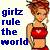 Pixelated static icon featuring blue text reading "girtz rule the world" next to a cartoon woman in red swimwear with brown hair and green straps.
