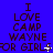 Blue background with repeated brown text reading "I LOVE CAMP WAYNE FOR GIRLS" in a pattern, each instance having small white pixel artifacts