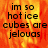 A static image with pixelated text over a fiery orange-red background, displaying the phrase "im so hot ice cubes are jelous" in black letters.