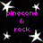 Black background with white star shapes and pink text reading "pinecone & rock" in pixelated font.