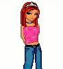 Pixel art avatar of a girl with red hair wearing pink crop top, blue jeans, black choker, and white tiara; four views show eye expressions changing from open to closed.
