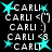 Pixelated turquoise stars and white text 'CARLI' with emoticons on black background, arranged in a pattern with animated star positions