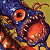 A pixelated animated buddy icon featuring a one-eyed blue monster with orange accents on the left, and green text reading "Original Icons .com" on a dark green background to the right.
