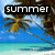 Pixelated beach scene with palm trees, blue sky, and turquoise water; text overlays change from 'summer' to '08'