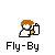Pixelated character with orange hair holding a white bottle, standing on gray background with 'Fly-By' text below.