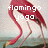 Pixelated image of a pink flamingo in a yoga pose with white text reading "flamingo yoga" overlaid on the bird's body.