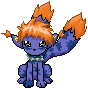 Pixelated blue creature with orange hair and flame-like ears sits in a , displaying multiple facial expressions from neutral to smiling