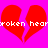 Red broken heart symbols on bright pink background with pixelated text reading 'broken hea' and 'xroken hear' across the image.
