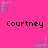 A bright pink background displays repeated 'Courtney' text and alternating cyan star-and-dot patterns in a