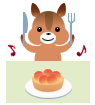 Animated cartoon squirrel holding utensils with musical notes and a pie on a plate, displayed in two sequential frames showing slight animation changes.