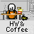 Pixel art character in orange shirt sits at desk with coffee pot and cup, text 'Hy & Coffee' below, repeated in