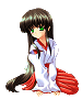 Pixel art of a seated anime-style character with long dark hair, green eyes on the left frame and closed eyes on the right frame, wearing white and red traditional clothing.