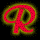 Red cursive letters with yellow outlines on black background, arranged in three of three, each letter has a dotted texture