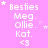 A static image with a pink background displays repeated text "Besties Meg. Ollie. Kat. <3" in white pixelated font, with small white stars scattered around.