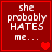 Red square icon with white text "she probably HATES me..." and a single red heart symbol in the bottom-right corner.