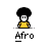 A 4x4 grid of pixel art frames showing a cartoon character with an afro hairstyle wearing a yellow shirt, performing various hand gestures and animation effects against a gray background.