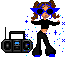 Pixelated character with brown pigtails and blue sunglasses dances next to a black boombox, surrounded by blue sparkles on gray background.