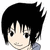 Pixelated anime-style character with black spiky hair, light skin, and a subtle smile, wearing a blue garment.