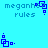 Pixelated blue icon with 'meganher rules' text and shifting square-dot patterns on cyan background.