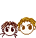 Pixel art animation of two cartoon characters with brown hair and large eyes, showing heart symbols floating between them across four frames.
