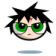 Pixelated cartoon head with spiky black hair, green eyes, and a small red mark on forehead; two side-by-side views show identical features.