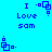 Blue pixel art icon with repeating text "I Love sam" and geometric shapes on cyan background, animated with shape rotation and text positioning shifts.