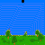 Pixelated landscape with blue water, green grassy banks, and red terrain under orange-brown trees against a bright sky.