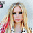 Pixelated image of a person with long blonde hair and red streaks, wearing a black-and-white patterned top, with pink text reading 'Avril Poxs' and 'my soxies off' on a black background.