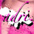 Pixelated pink and white graphic with stylized text reading 'Miley' over a gradient background.