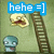 Pixelated image with blue text bubble reading 'hehe =]' above a yellow cartoon face, brown ladder, and small blue character on green background.
