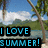 A beach scene with palm trees, blue sky, and water, featuring text "I LOVE SUMMER!" in blue letters on black background.